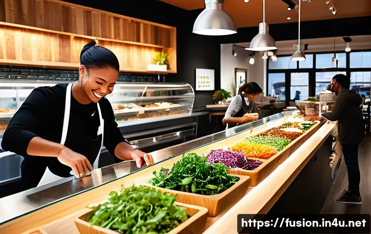 퓨전 패스트푸드 건강식 트렌드 - **A vibrant, sunlit fast-casual restaurant with a modern, clean aesthetic.** In the foreground, a di...