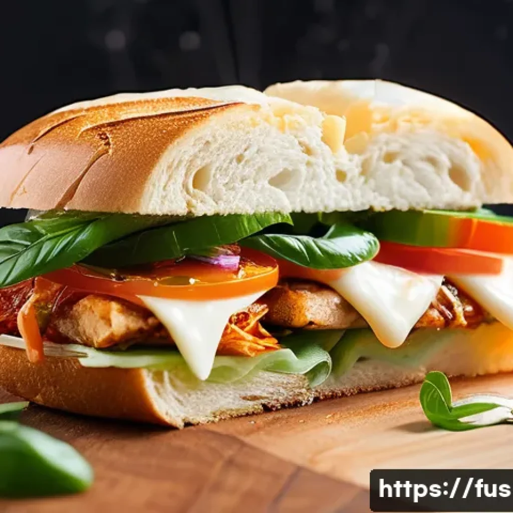 퓨전 샌드위치 조리법 비교 - A vibrant, close-up shot of a K-fusion sandwich made with a toasted, rustic Czech Hleba bread. The s...