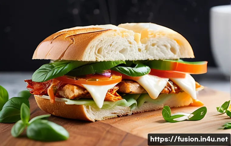 퓨전 샌드위치 조리법 비교 - A vibrant, close-up shot of a K-fusion sandwich made with a toasted, rustic Czech Hleba bread. The s...
