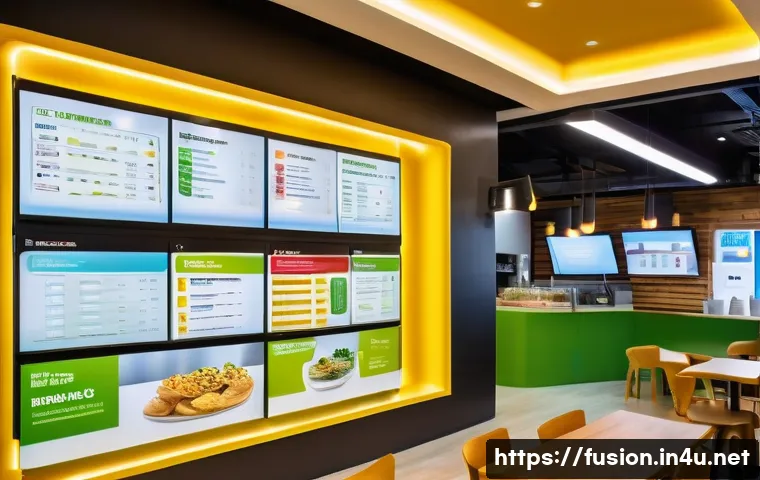 퓨전 패스트푸드의 환경친화적 브랜드 - A vibrant fusion fast food restaurant interior showcasing eco-friendly practices: prominently featur...