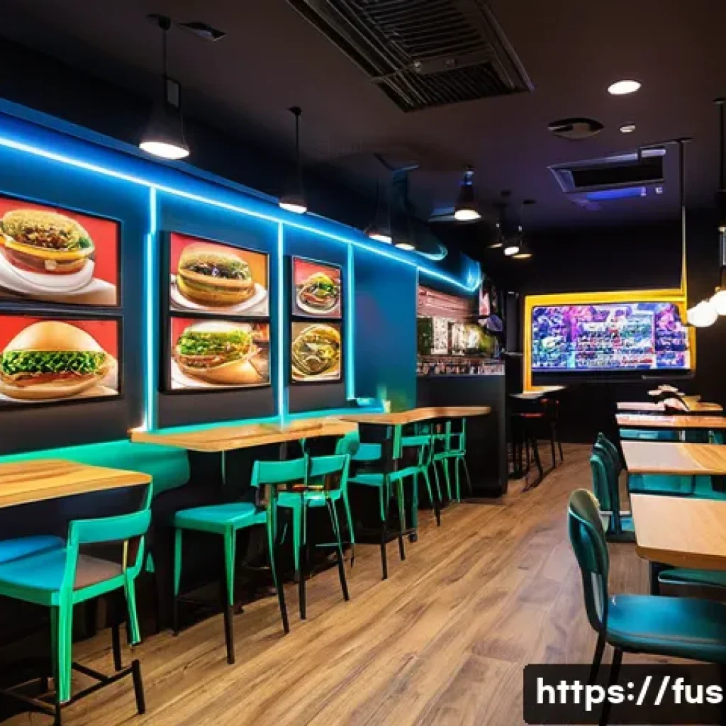 퓨전 패스트푸드 주요 고객층 분석 - A vibrant fusion fast food restaurant interior bustling with young Gen Z customers, featuring trendy...