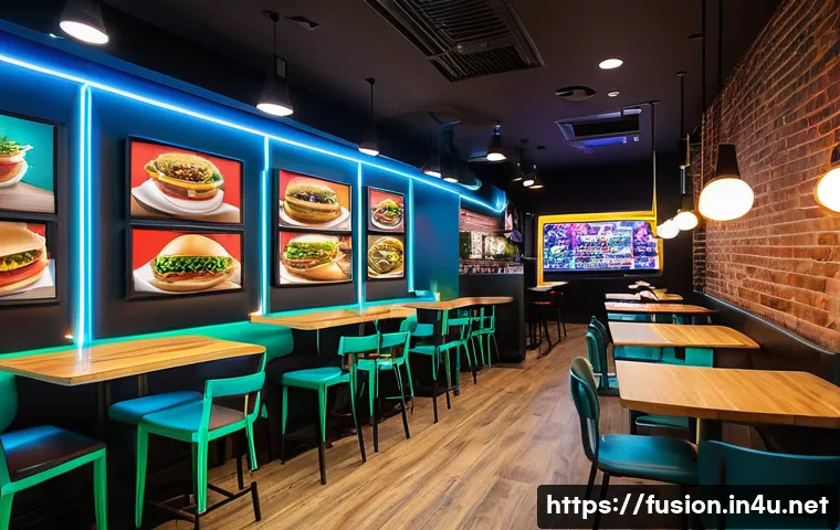 퓨전 패스트푸드 주요 고객층 분석 - A vibrant fusion fast food restaurant interior bustling with young Gen Z customers, featuring trendy...