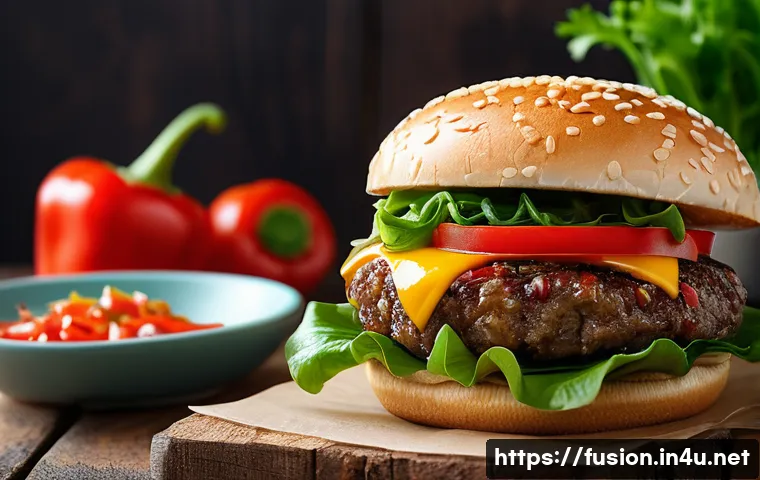 퓨전 패스트푸드 현지 농산물 활용 - A vibrant fusion fast-food burger featuring locally grown Korean produce, such as fresh red chili pe...