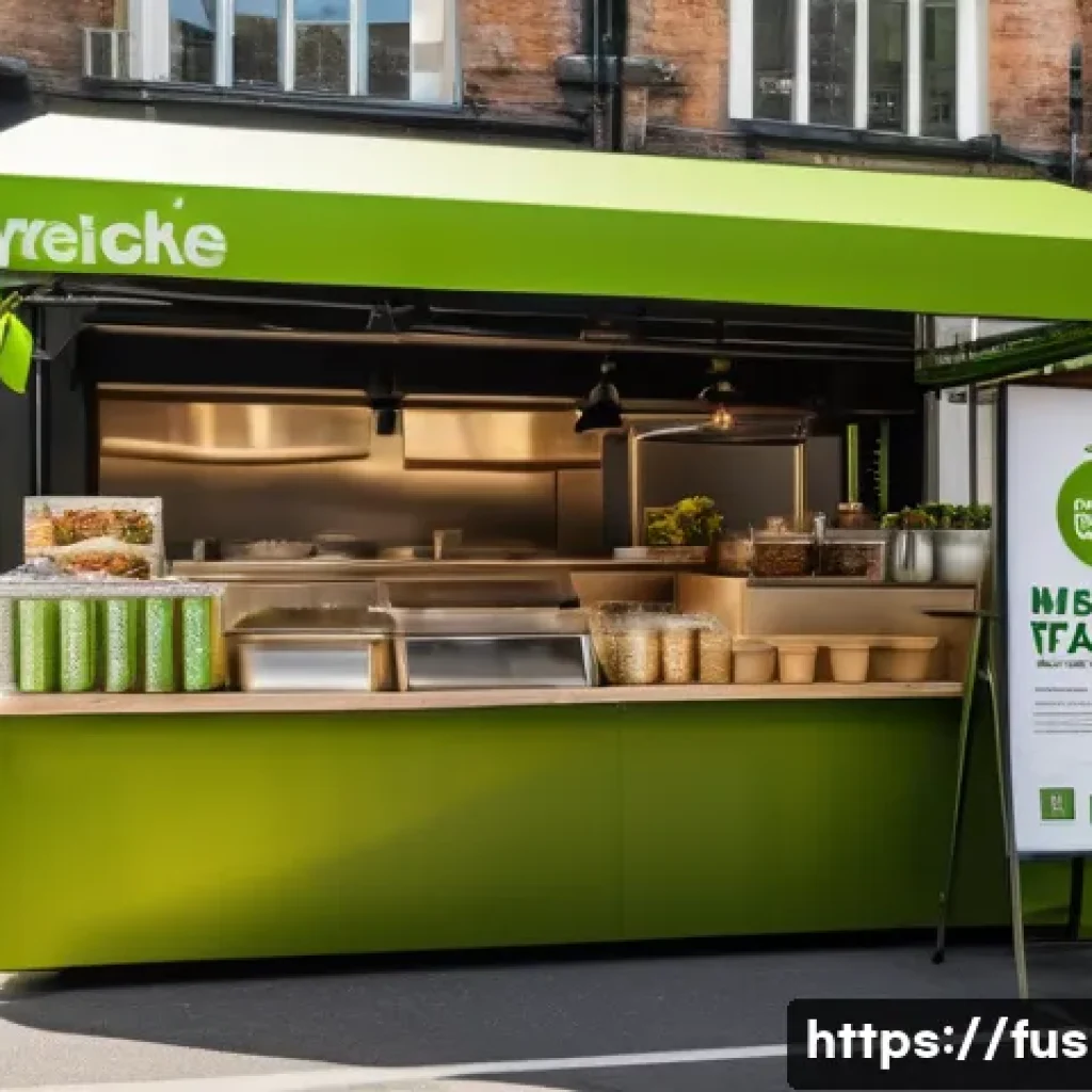 퓨전 타코 재활용 포장재 - A vibrant street food stall specializing in fusion tacos, showcasing eco-friendly packaging with tra...
