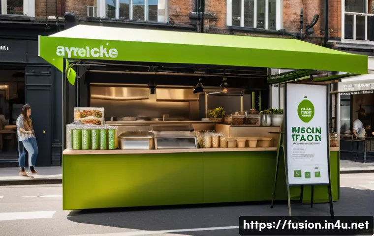 퓨전 타코 재활용 포장재 - A vibrant street food stall specializing in fusion tacos, showcasing eco-friendly packaging with tra...