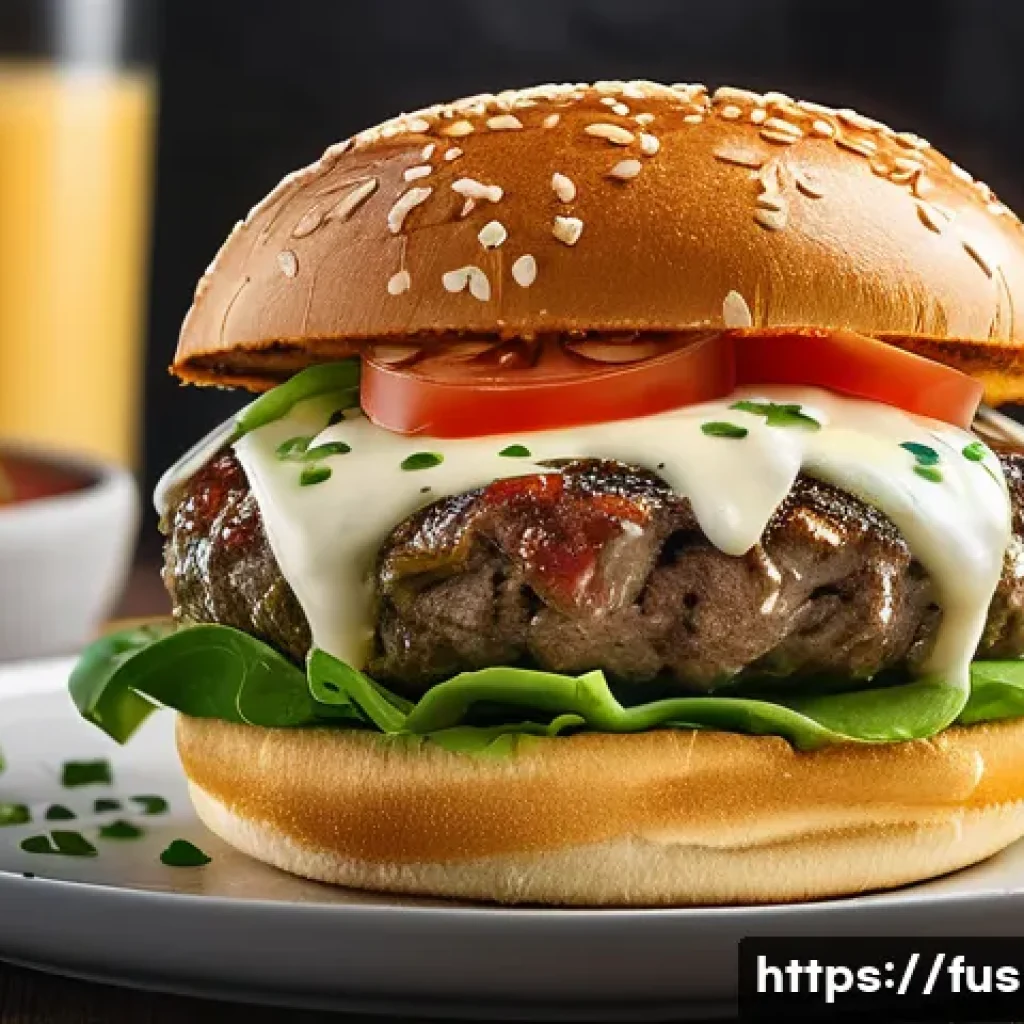 퓨전 버거의 소스 특성 비교 - A gourmet fusion burger cut in half to reveal layers of juicy beef patty, fresh lettuce, tomato, and...