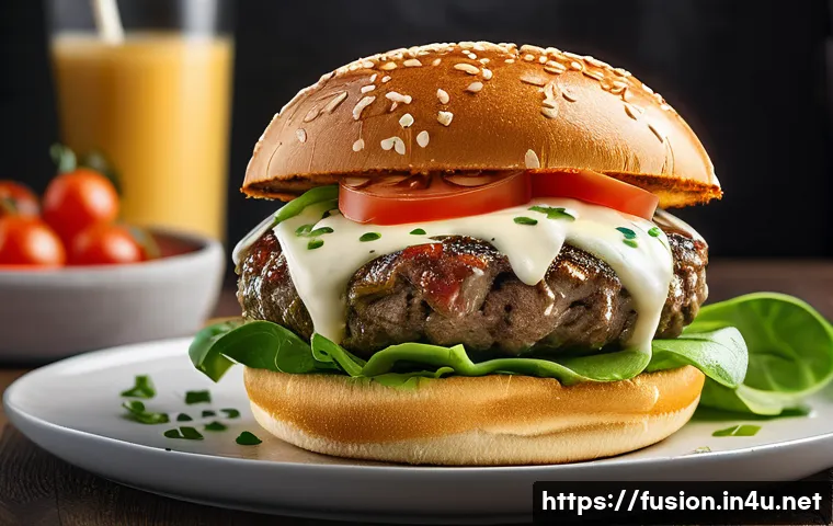 퓨전 버거의 소스 특성 비교 - A gourmet fusion burger cut in half to reveal layers of juicy beef patty, fresh lettuce, tomato, and...