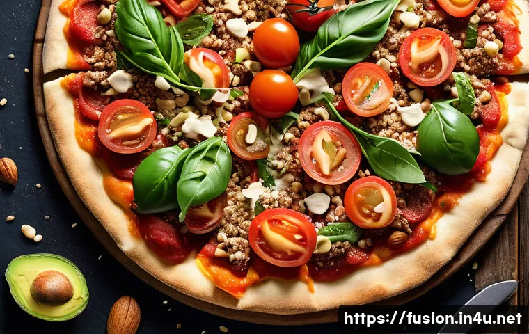 퓨전 피자의 대체밀 활용 사례 - A close-up, high-resolution image of a gourmet alternative grain pizza featuring a golden-brown crus...
