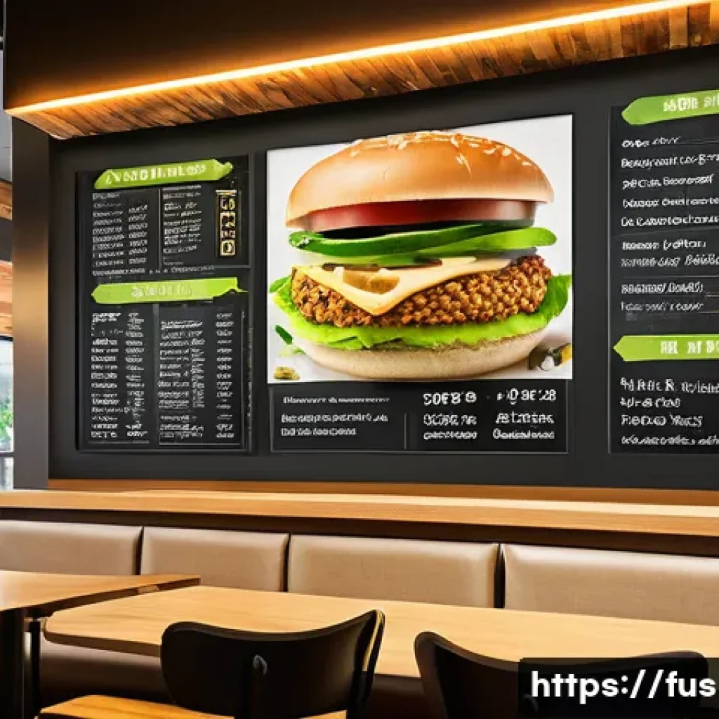 퓨전 패스트푸드 건강식품 인증 - A vibrant fast food restaurant interior showcasing a diverse menu of health-focused fusion dishes: a...