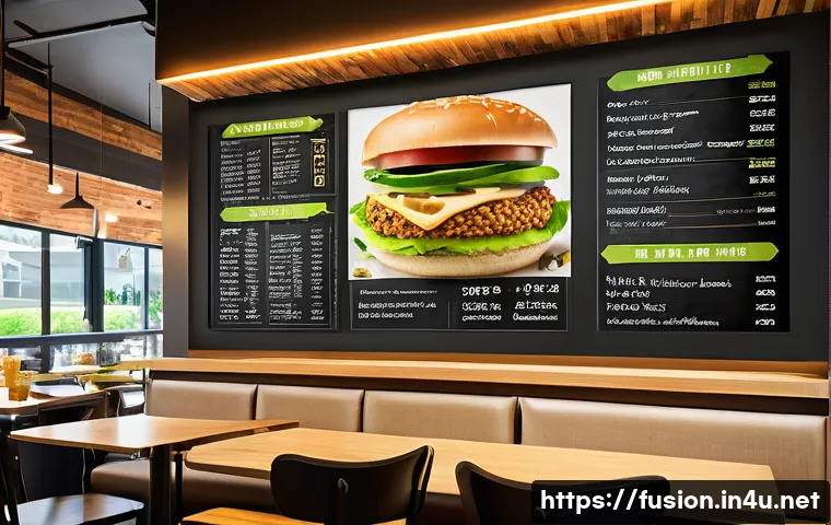 퓨전 패스트푸드 건강식품 인증 - A vibrant fast food restaurant interior showcasing a diverse menu of health-focused fusion dishes: a...