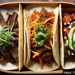 퓨전 패스트푸드의 건강식 트렌드 - A vibrant fusion fast food scene showcasing a bulgogi taco and kimchi pizza on a rustic wooden table...