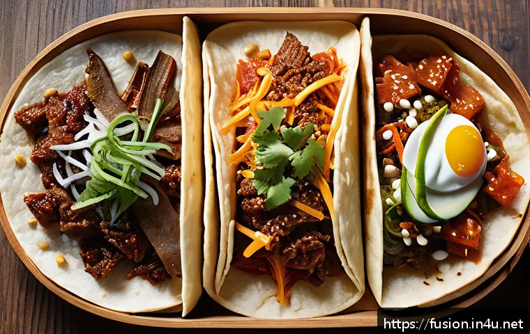 퓨전 패스트푸드의 건강식 트렌드 - A vibrant fusion fast food scene showcasing a bulgogi taco and kimchi pizza on a rustic wooden table...