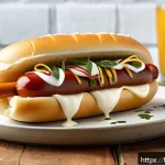 퓨전 핫도그의 지역화 메뉴 - A vibrant fusion hot dog featuring melted mozzarella cheese stretching from a golden-brown sausage w...
