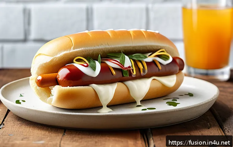 퓨전 핫도그의 지역화 메뉴 - A vibrant fusion hot dog featuring melted mozzarella cheese stretching from a golden-brown sausage w...