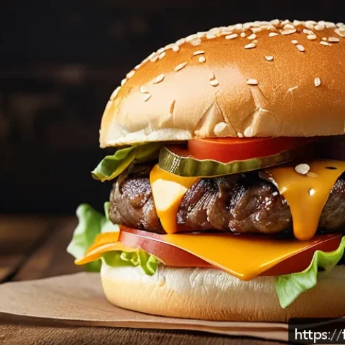 퓨전 버거 패티 원료 비교 - A close-up, high-resolution image of a gourmet beef burger featuring a thick, juicy Black Angus beef...