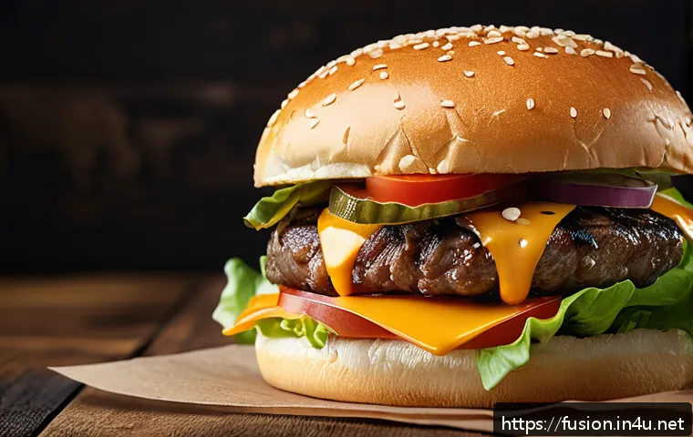 퓨전 버거 패티 원료 비교 - A close-up, high-resolution image of a gourmet beef burger featuring a thick, juicy Black Angus beef...