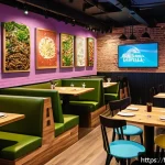 퓨전 피자의 프랜차이즈 성장 - A modern fusion pizza restaurant interior featuring a trendy and vibrant design with sleek furniture...