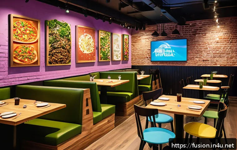 퓨전 피자의 프랜차이즈 성장 - A modern fusion pizza restaurant interior featuring a trendy and vibrant design with sleek furniture...
