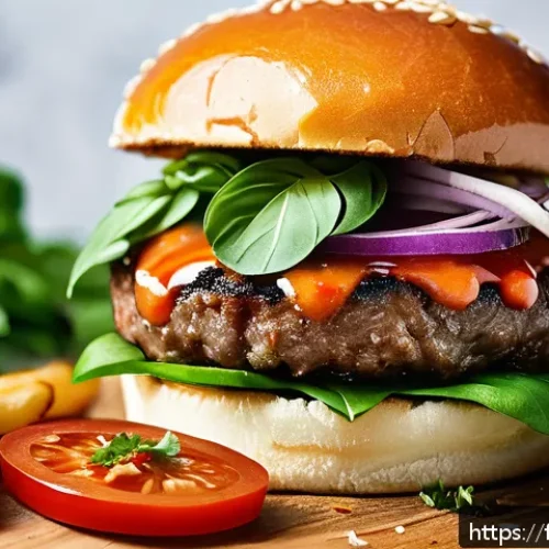 퓨전 버거 소스의 맛 비교 - A vibrant gourmet fusion burger on a rustic wooden board, topped with a glossy sauce infused with a ...