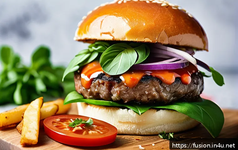 퓨전 버거 소스의 맛 비교 - A vibrant gourmet fusion burger on a rustic wooden board, topped with a glossy sauce infused with a ...