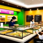 퓨전 패스트푸드의 영양소 강화 사례 - A vibrant fusion fast food restaurant interior showcasing a modern, health-focused menu display with...