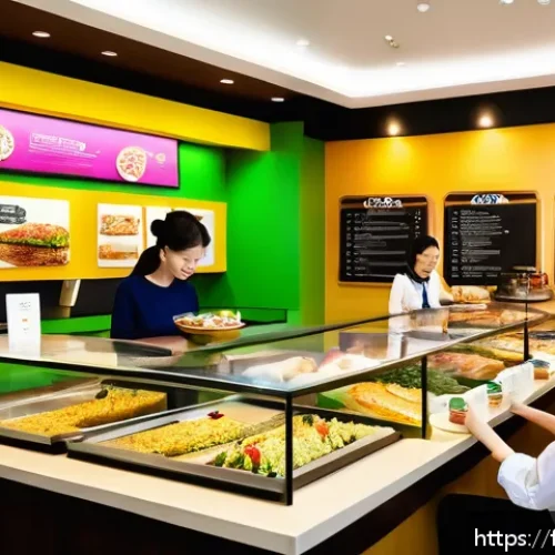 퓨전 패스트푸드의 영양소 강화 사례 - A vibrant fusion fast food restaurant interior showcasing a modern, health-focused menu display with...