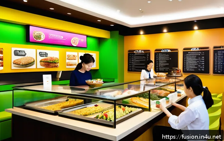 퓨전 패스트푸드의 영양소 강화 사례 - A vibrant fusion fast food restaurant interior showcasing a modern, health-focused menu display with...