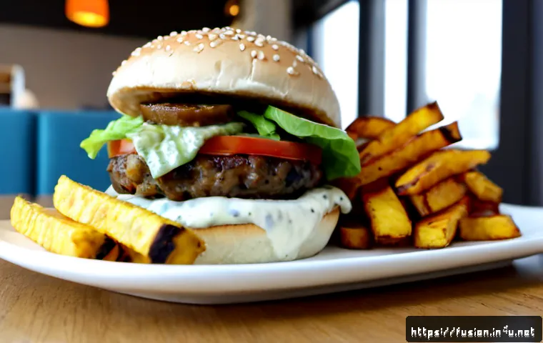 퓨전 패스트푸드의 식물성 단백질 - Photorealistic fusion fast-food meal on a clean wooden table: a plant-based protein burger with gril...