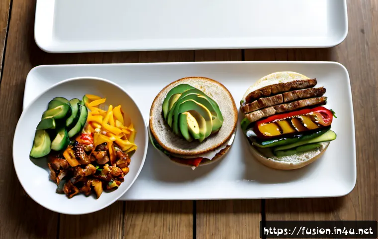 퓨전 샌드위치 브랜드별 영양 분석 - Photorealistic top-down nutrition comparison scene with three distinct fusion sandwiches on plain ce...