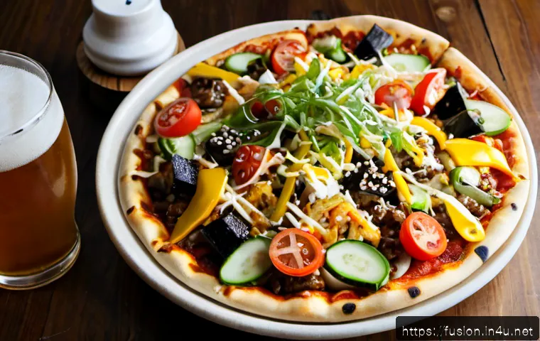 퓨전 피자와 맥주 페어링 추천 - Photorealistic overhead food pairing scene: a crisp Korean-inspired bulgogi fusion pizza with colorf...