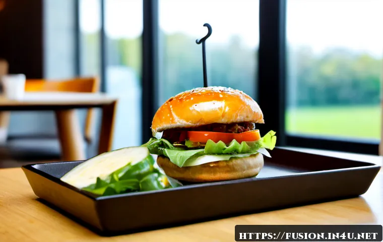 퓨전 패스트푸드와 지역 재료 - Photorealistic gourmet fusion fast-food meal featuring a locally sourced grass-fed beef burger with ...