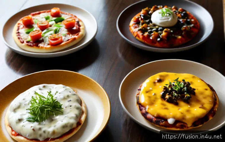 Home 17 퓨전 피자의 소스 다양성 - Photorealistic overhead food photography of a wooden table with four small fusion pizzas, each toppe...