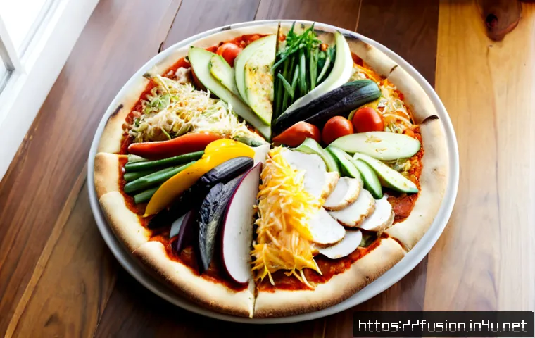Home 17 퓨전 피자의 대체밀 활용 - Photorealistic overhead food photography of a fusion pizza on a rustic wooden table, divided into vi...