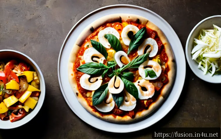 퓨전 피자 재료 원산지 - Photorealistic overhead food photography of a fusion pizza ingredient provenance concept: a rustic w...