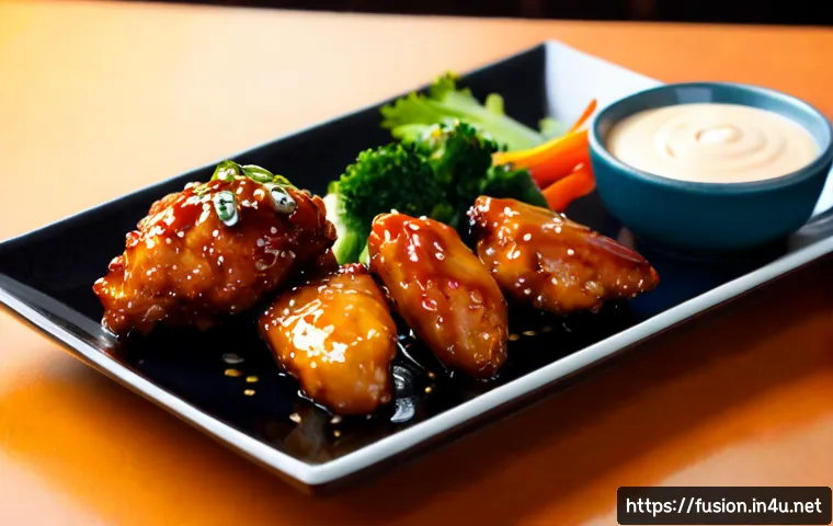 Home 17 퓨전 치킨의 대체육 활용 - Photorealistic close-up of a modern fusion chicken platter featuring crispy plant-based chicken-styl...