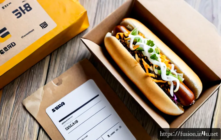 Home 17 퓨전 핫도그 배달 쿠폰 - Photorealistic overhead food delivery scene, a gourmet fusion hot dog topped with colorful kimchi-st...